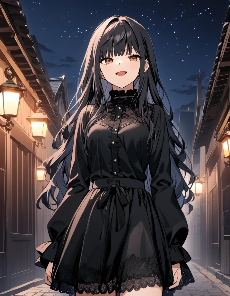 1girl, gothic, lace, long sleeves, long hair, black hair, blunt bangs, makeup, open mouth, smile, standing, cowboy shot, NIGHT TIME, starry sky background,