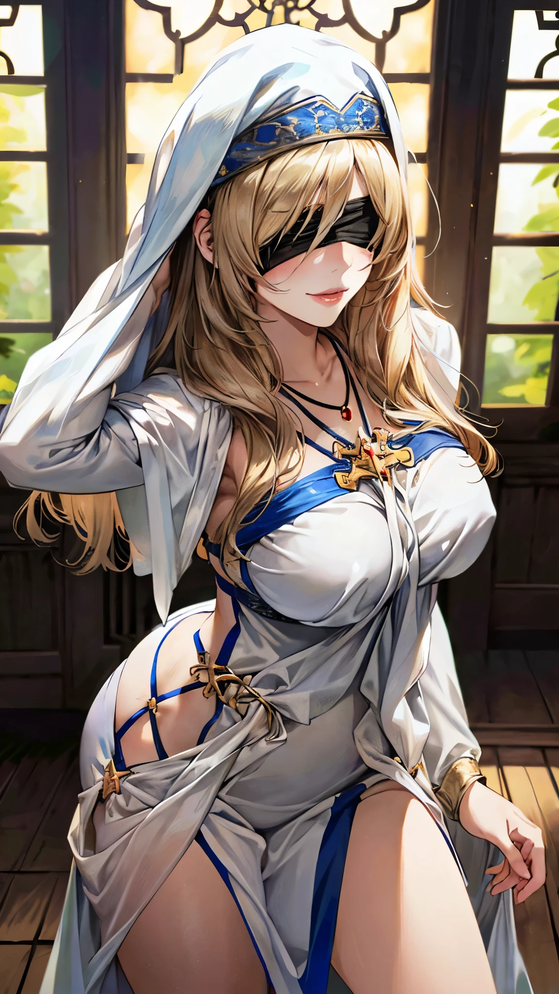 (masterpiece:1.3, top-quality, ultra high res, ultra detailed), (realistic, photorealistic:1.4), beautiful illustration, glowing light, glistening, colorful, depth of fields, 
beautiful detailed hair, beautiful detailed face, beautiful detailed eyes, beautiful clavicle, beautiful body, beautiful chest, beautiful thigh, beautiful legs, beautiful fingers, 
looking at viewer, 1 girl, japanese, sword_maiden, (perfect anatomy, anatomically correct, super detailed skin), cute and symmetrical face, babyface, shiny skin, 
(long hair, straight hair, blonde hair), sforehead, blue eyes, glowing eyes, long eyelashes, (large breasts:1.2, big butt, seductive thighs), perfect face, perfect eyes, perfect fingers, sexy body, 
(blindfold, dress, white dress, habit, jewelry, black blindfold, necklace, detached sleeves), mascara, (fashion make up), cleavage, 
(super detailed background, complex background), daytime, (guild, guild room, quest board, window, road view, medieval), dynamic pose, (lovely smile, parted lips), 