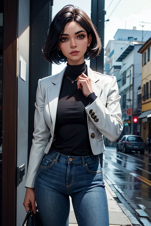 1 garota linda de noite, cabelos cinza curtos estilo French bob batido na nuca, cabelos cinza, olhos claros, de noite, cidade noturna, clima sombrio, chuva suave, vestindo uma blusa cinza e jeans cinza justos, jaqueta de couro preto curta policial, mostrando abdome definido, olhar encantador