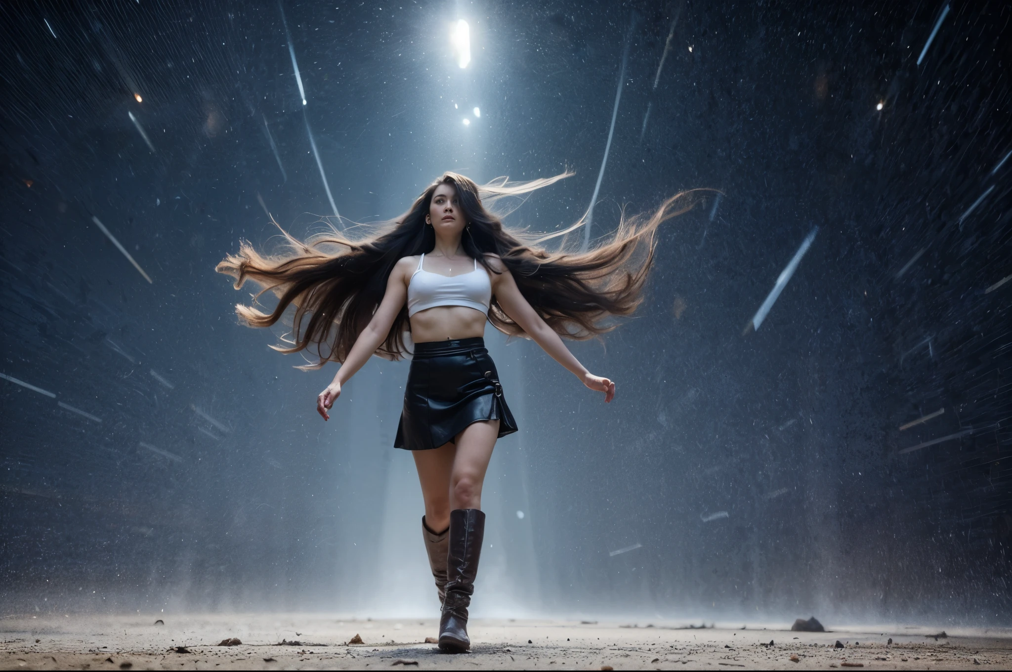 (YES SFW), [wabstyle, realistic hands, high details], beauty plump Warrior woman with brown hair in white leather boots, sword, ((proportional body))，Refined looks，Fairy air fluttering，The gauze skirt flew up，Take photos on the beach，ultra-realistic realism，color field printing，high detal，hyper HD，anatomy correct，cinematic lighting 4d quality. Perfect simmetrical face. The perspective is from below, emphasizing the sheer majesty and power of the woman. ((The perspective is from below, emphasizing the sheer majesty and power of the woman))