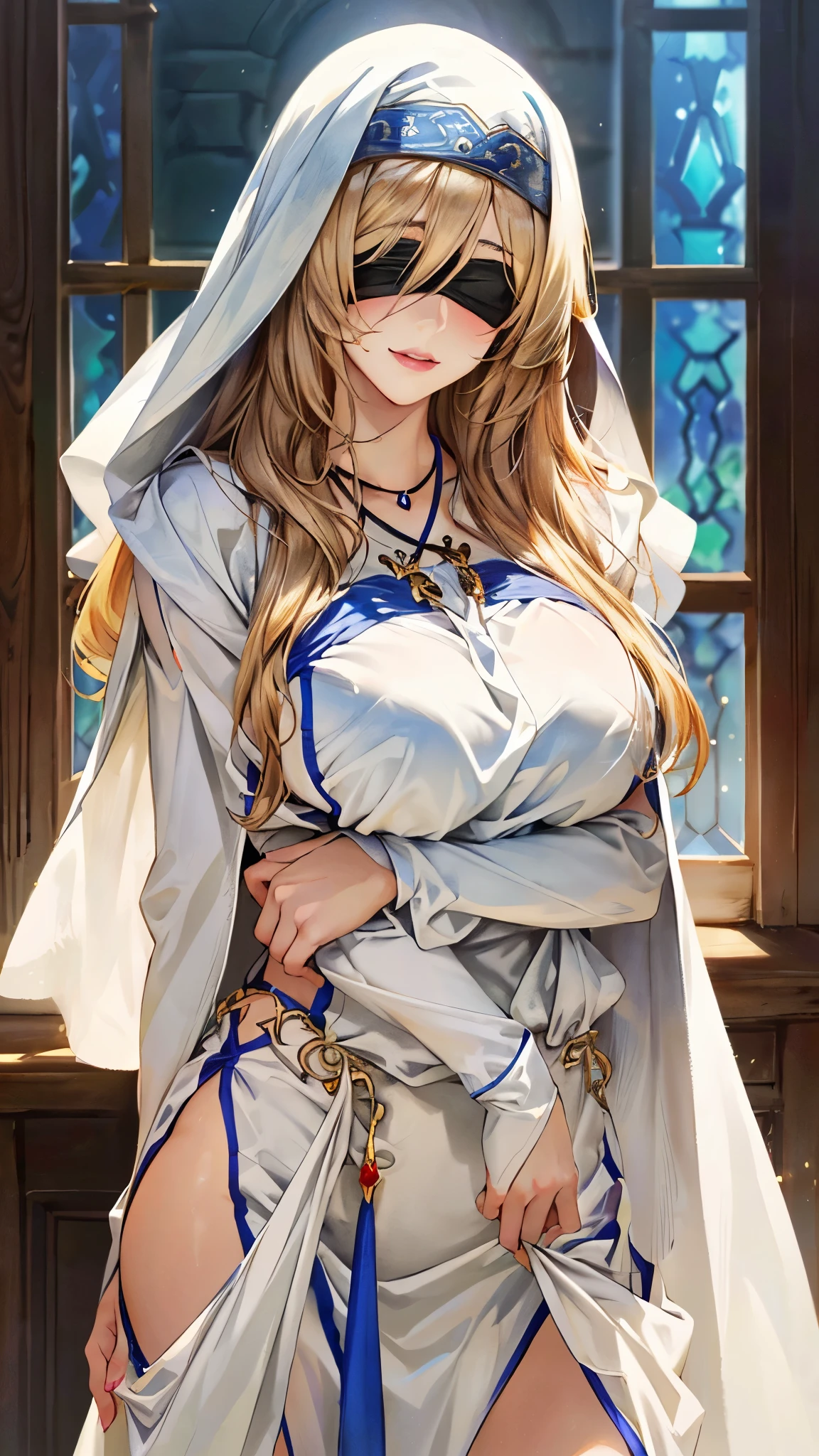 (masterpiece:1.3, top-quality, ultra high res, ultra detailed), (realistic, photorealistic:1.4), beautiful illustration, glowing light, glistening, colorful, depth of fields, 
beautiful detailed hair, beautiful detailed face, beautiful detailed eyes, beautiful clavicle, beautiful body, beautiful chest, beautiful thigh, beautiful legs, beautiful fingers, 
looking at viewer, 1 girl, japanese, sword_maiden, (perfect anatomy, anatomically correct, super detailed skin), cute and symmetrical face, babyface, shiny skin, 
(long hair, straight hair, blonde hair), sforehead, blue eyes, glowing eyes, long eyelashes, (large breasts:1.2, big butt, seductive thighs), perfect face, perfect eyes, perfect fingers, sexy body, 
(blindfold, dress, white dress, habit, jewelry, black blindfold, necklace, detached sleeves), mascara, (fashion make up), cleavage, 
(super detailed background, complex background), daytime, (guild, guild room, quest board, window, road view, medieval), dynamic pose, (lovely smile, parted lips), 