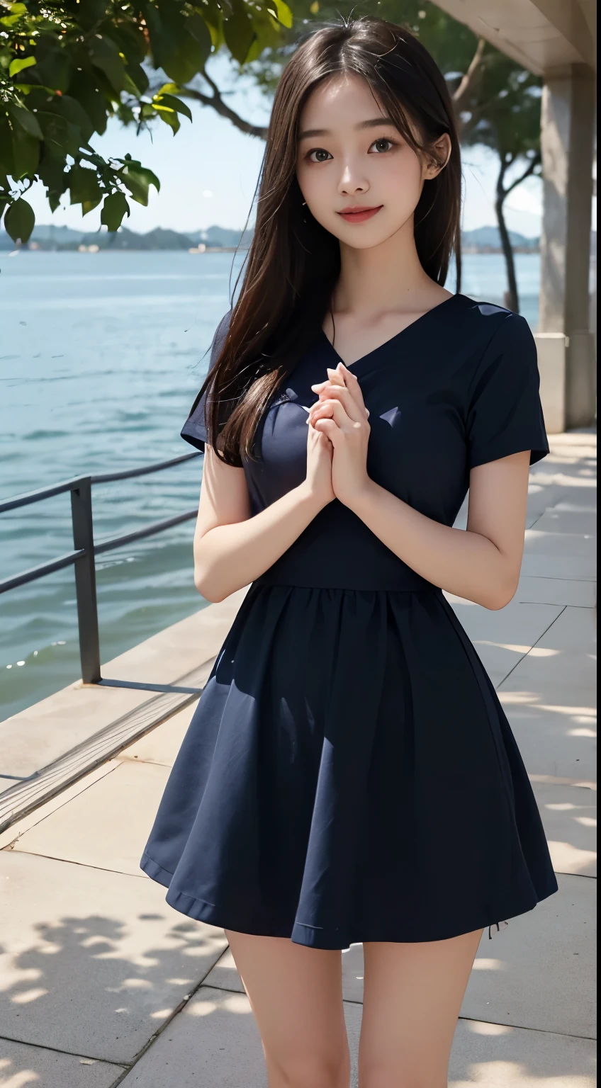 Woman standing by the lake、Beauty、Uniform eyes、20 years old、university student、(((She is wearing a long navy blue dress)))、(((Wearing white panties)))、Wearing pumps、Smiling、Hands in front、Well-balanced proportions、Medium build、Small Bust、Viewer&#39;s gaze: Looking at the whole body from the front、, black hair, bangs, long hair, messy hair, light smile, Surrealism, cinematic lighting, tachi-e, first-person view, pov, f/1.2, Nikon, UHD, best quality, highres, 8k