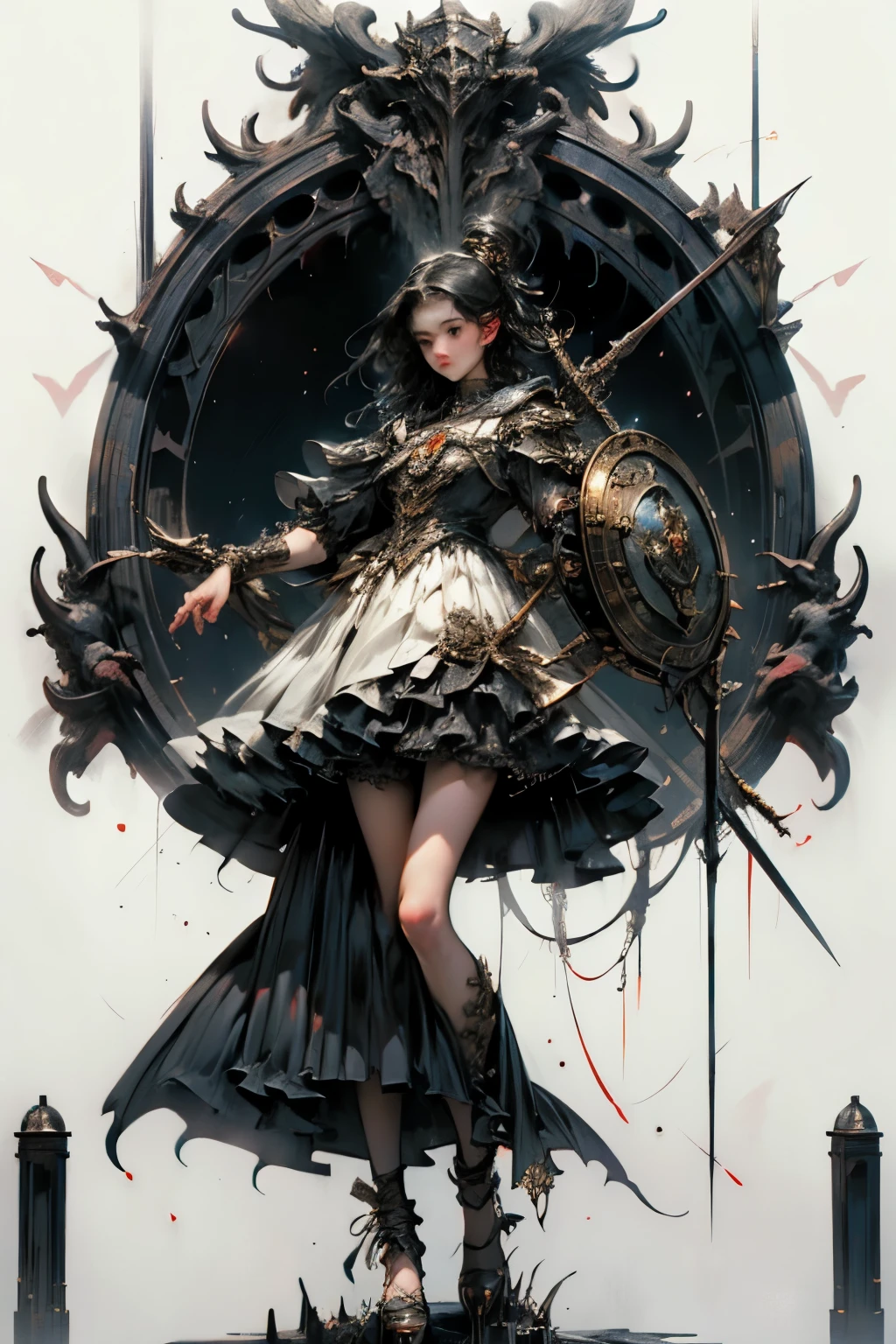 ((best quality)), ((masterpiece)), (detailed), perfect face ((best quality)), ((masterpiece)), (detailed), blank white background, plain background, white background, Bloodborne inspired, occult aesthetic, occult, detailed and intricate steampunk and detailed gothic, NSFW, Very dramatic and cinematic lighting, cosmic horror, grim-dark, side-lighting, perfect face, a beaituful goddess adorned and enshrined in armour, Bloodborne inspired , occult aesthetic, occult, detailed and intricate steampunk and detailed gothic, wielding a sword and holding a shield, NSFW, Fluttering lace flared long knee length dress with frilly petticoats, knee length dress, pleated petticoats, ta dress, petticoats gothic loliside-lighting, gothic lolita aetic, beautiful small breasts, small breasts, full body, whole body, body, plain background, white background, blank background, no background, white background NSFW, full body, whole body, head-to-toe