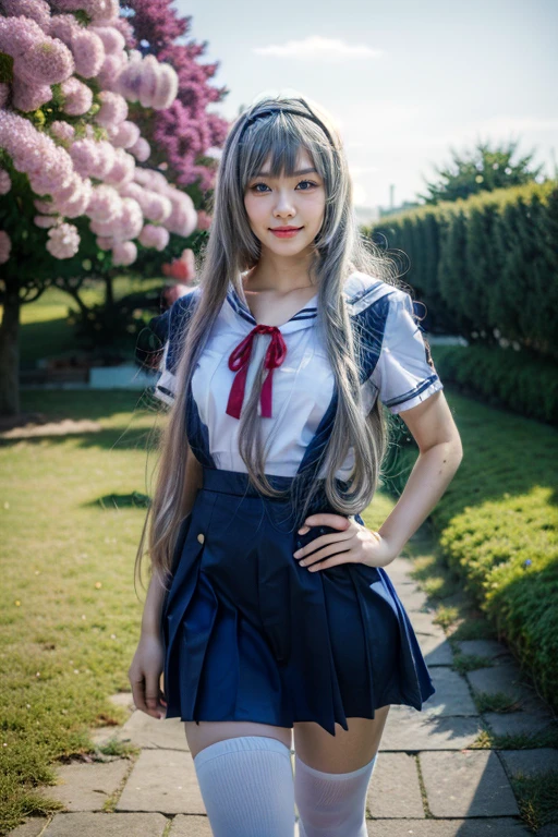 ultra-detailed,highly detailed,best quality,masterpiece,illustration,realistic,photorealistic,
clannad, hikarizaka private high , summer uniform, 
1girl, solo, cosplay, 
serafuku, short sleeves shirt, sailor collar, suspender skirt, thighhighs, neck ribbon, 
bangs, hair ornament, very long hair, grey hair, hairband,
looking at viewer, standing, cowboy shot, 
outdoors, photo background, plant, day, cherry blossoms, falling petals, wind,
((perfect eyes, detailed eyes,realistic eyes)), ((sharp face, detailed face, realistic face, natural skin, realistic skin, detailed skin, pores)), ((perfect body, detailed body, realistic body, big proportions)) 