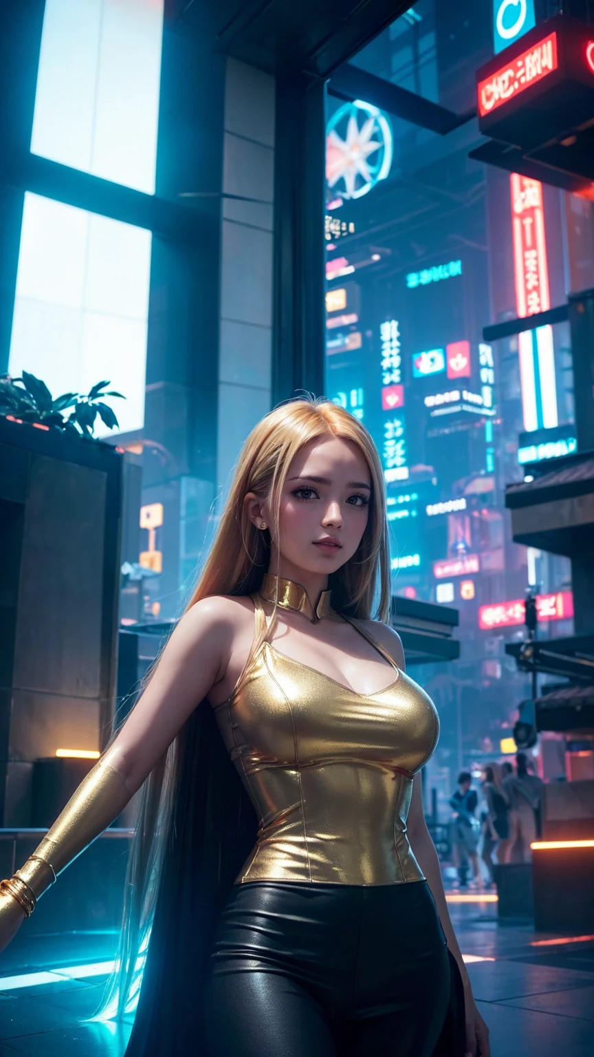 detailed futuristic park,skyscrapers,shiny metallic architecture,hovering cars,neon lights,glowing holographic displays,futuristic girl taking a selfie,bright happy smile,warm lighting,vibrant colors,cinematic atmosphere,photorealistic,8k,high resolution, ((( Russian and Japanese mix, golden hair, straight long hair, gazing, parted lips)))