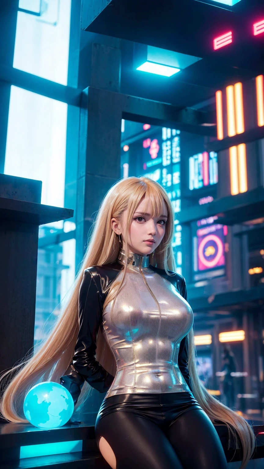 detailed futuristic park,skyscrapers,shiny metallic architecture,hovering cars,neon lights,glowing holographic displays,futuristic girl taking a selfie,bright happy smile,warm lighting,vibrant colors,cinematic atmosphere,photorealistic,8k,high resolution, ((( Russian and Japanese mix, golden hair, straight long hair, gazing, parted lips)))