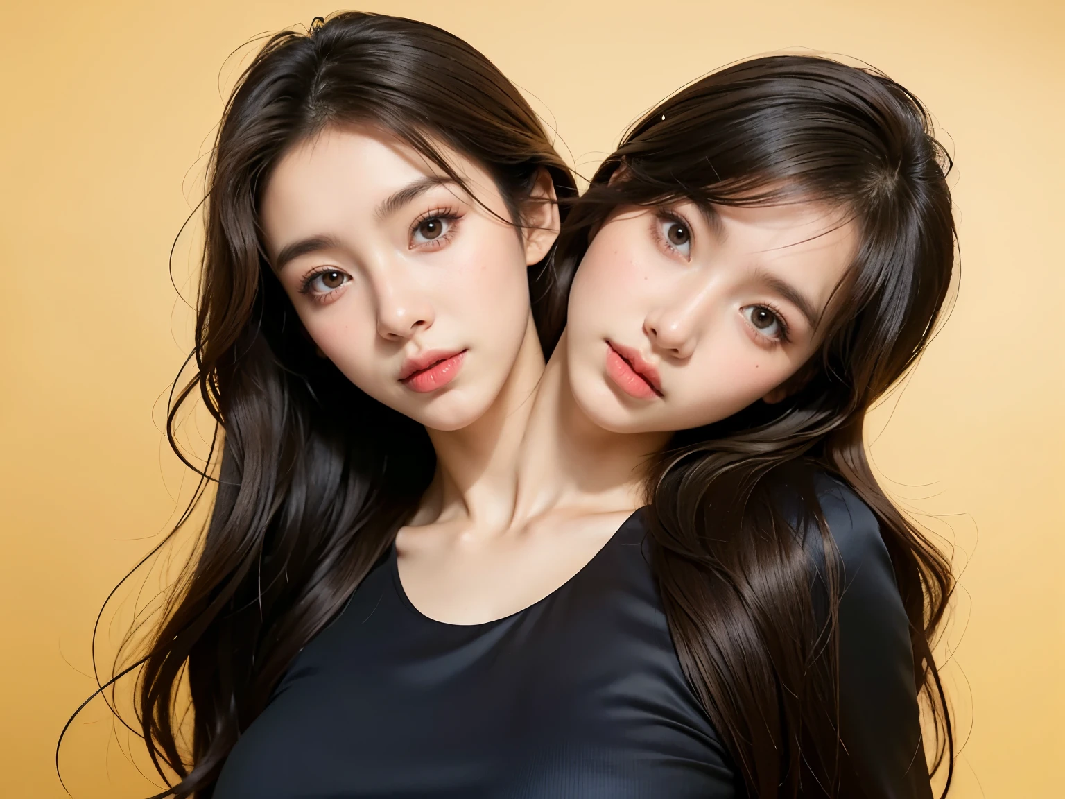 bestresolution, (2heads:1.2), two korean women looking directly at viewer, posing, beautiful gemini twins portrait, beautiful gemini twins, kpop, celebrity, sisters, twins, two, promotional picture, beautiful faces, gorgeous faces, promo image,