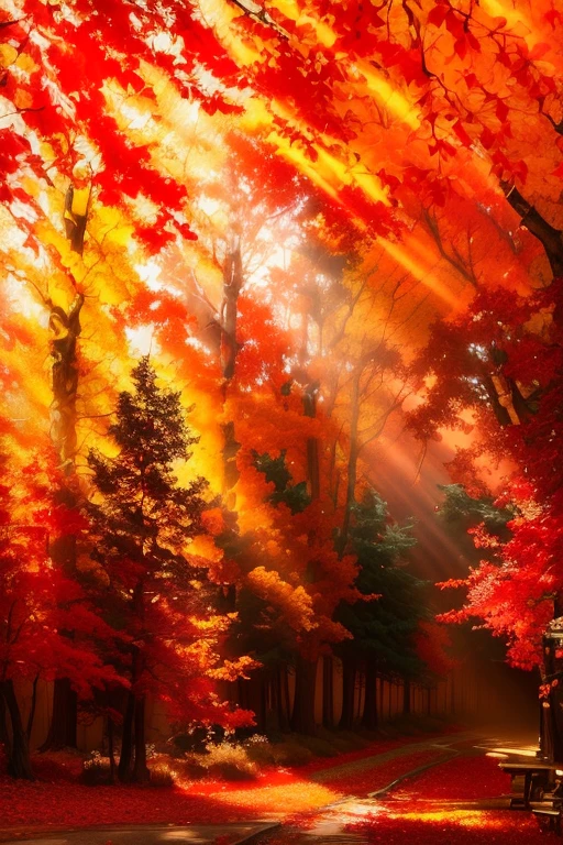 trees with red leaves and a bench in the middle of the forest, red forest, autumn forest, Soft autumn sunshine, in the autumn forest, Autumn sunbursts, Bright forest, Autumn Light, Beautiful forest, in autumn, The Burning Forest of trees, Redwood trees, Epic red - orange sunlight, The Burning Forest, Beautiful forests and trees, Magic Leaves Fall