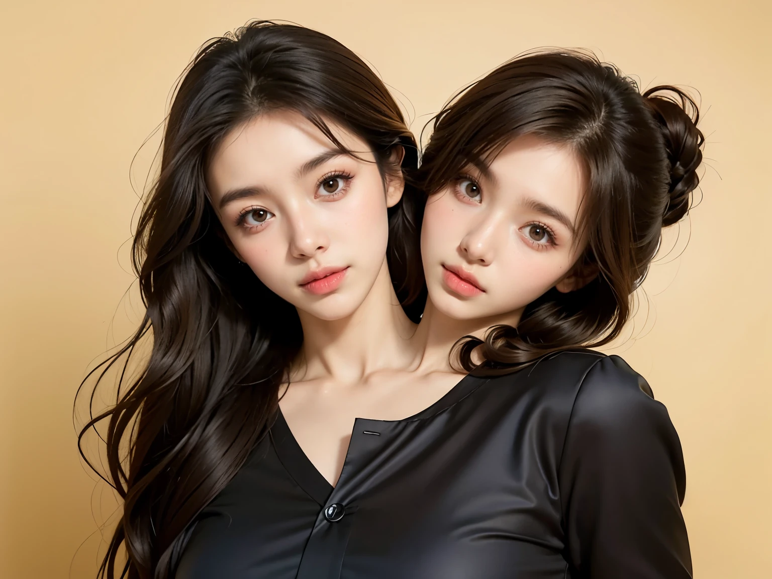 bestresolution, (2heads:1.2), two korean women looking directly at viewer, posing, beautiful gemini twins portrait, beautiful gemini twins, kpop, celebrity, sisters, twins, two, promotional picture, beautiful faces, gorgeous faces, promo image,