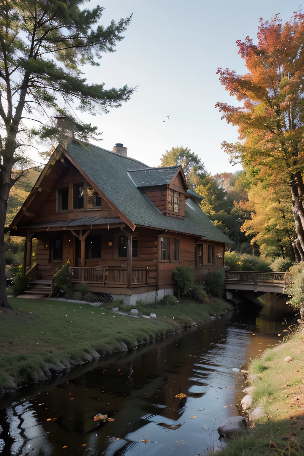 Create a imagem with highest resolution and details about a serene forest scene during autumn, with golden leaves falling gently from the trees. A narrow, winding path covered in leaves leads to a quaint wooden cabin with smoke curling from its chimney. The sun is setting, casting a warm, golden glow over the landscape. In the foreground, a small stream reflects the colors of the sky and the trees. Birds are perched on branches, and a deer is grazing near the cabin. The image should be highly detailed, with rich textures in the leaves, bark of the trees, and the water of the stream. The overall atmosphere is peaceful and enchanting, with a touch of magic.
