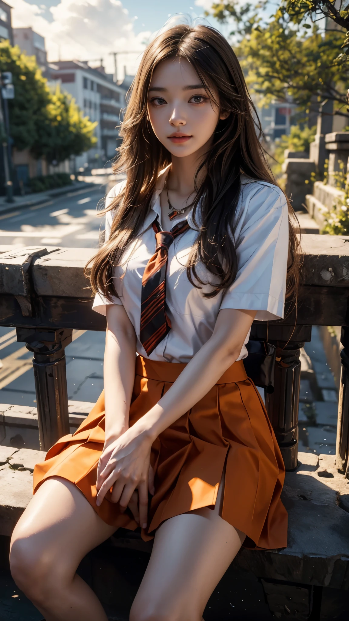 8K, UHD, masterpiece, 1 girl, good face, happy face, detailed eyes, very long hair, necklace, (school uniform), (orange skirt), tie, school bag, in the bridge, cloudy weather, realism, depth of field, 3d, unreal engine 5, ray tracing, flowing wind, sitting,