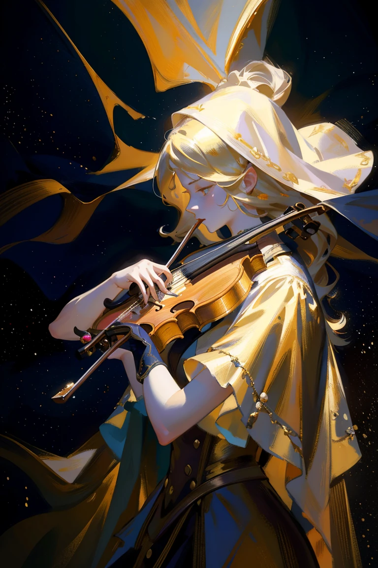 detailed full body portrait,(Painting of a girl with a violin), Pale gold dress Andy Jurgens (mandy jurgens) A realistic painting was created, transformation, Figurative art, Detailed Description, Realistically, Artwork, Contour, View from the side, Colorful Noise, Visual clutter,Modern aesthetics、Viennese style、Nocturne Whispers