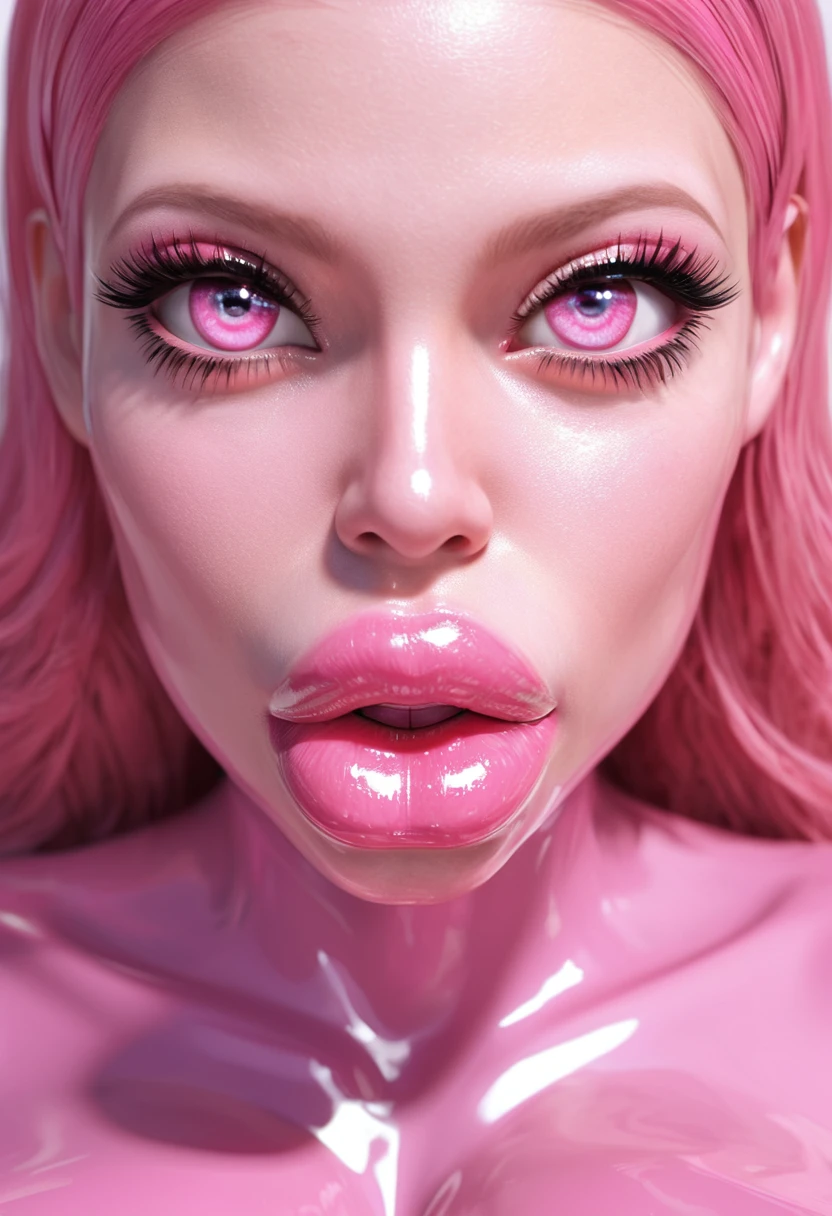 (masterpiece), best quality, perfect face, bimbo, huge breasts, big lips, bimbo lips, pink hair, symmetric eyes, symmetric face, perfect eyes, pink latex bodysuit, portrait, face view, huge lips, puffy lips