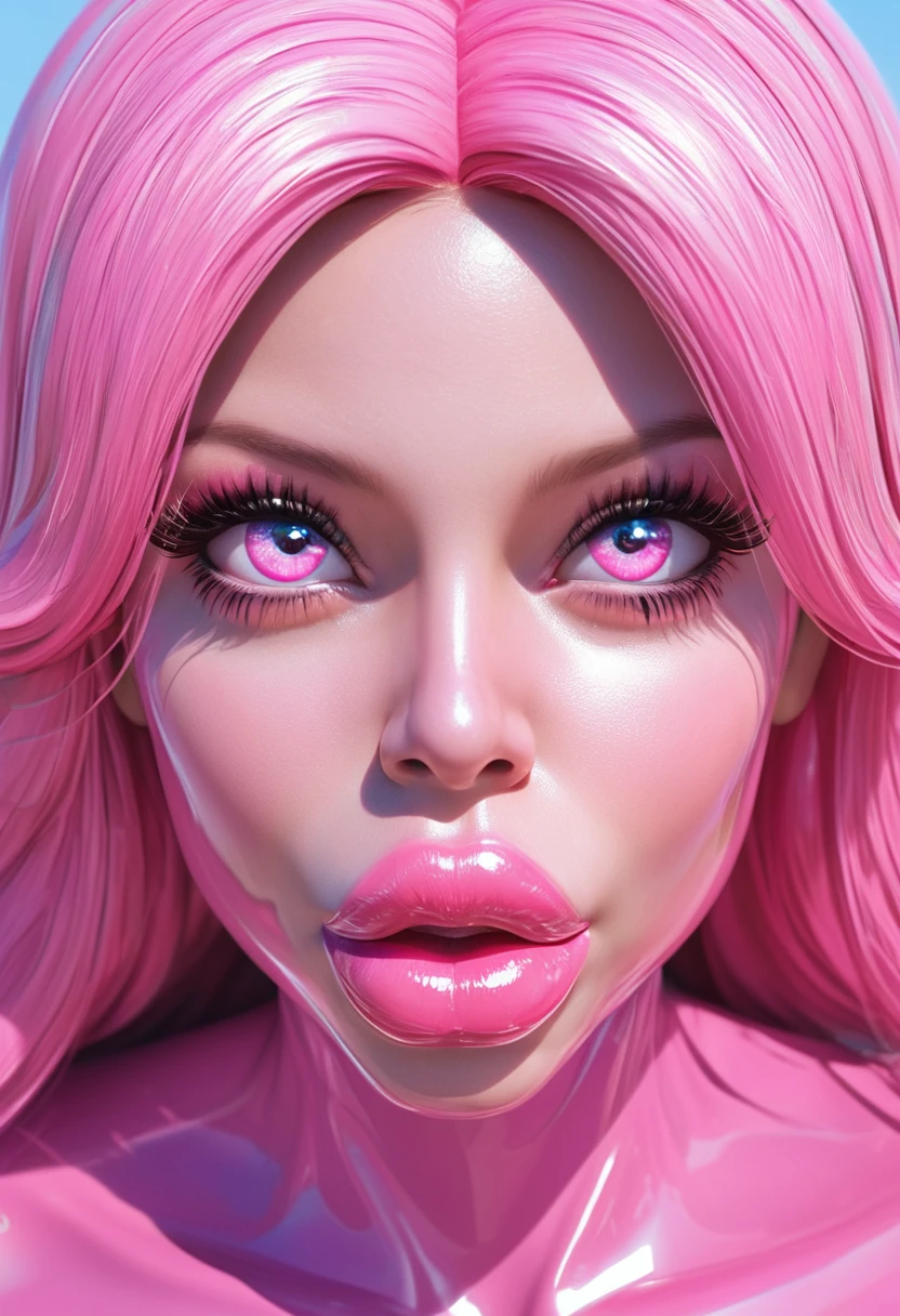 (masterpiece), best quality, perfect face, bimbo, huge breasts, big lips, bimbo lips, pink hair, symmetric eyes, symmetric face, perfect eyes, pink latex bodysuit, portrait, face view, huge lips, puffy lips