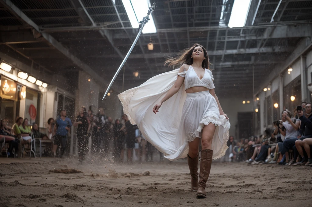 (YES SFW), [wabstyle, realistic hands, high details], beauty plump Warrior woman with brown hair in white leather boots, sword, ((proportional body))，Refined looks，Fairy air fluttering，The gauze skirt flew up，Take photos on the beach，ultra-realistic realism，color field printing，high detal，hyper HD，anatomy correct，cinematic lighting 4d quality. Perfect simmetrical face. The perspective is from below, emphasizing the sheer majesty and power of the woman. ((The perspective is from below, emphasizing the sheer majesty and power of the woman))