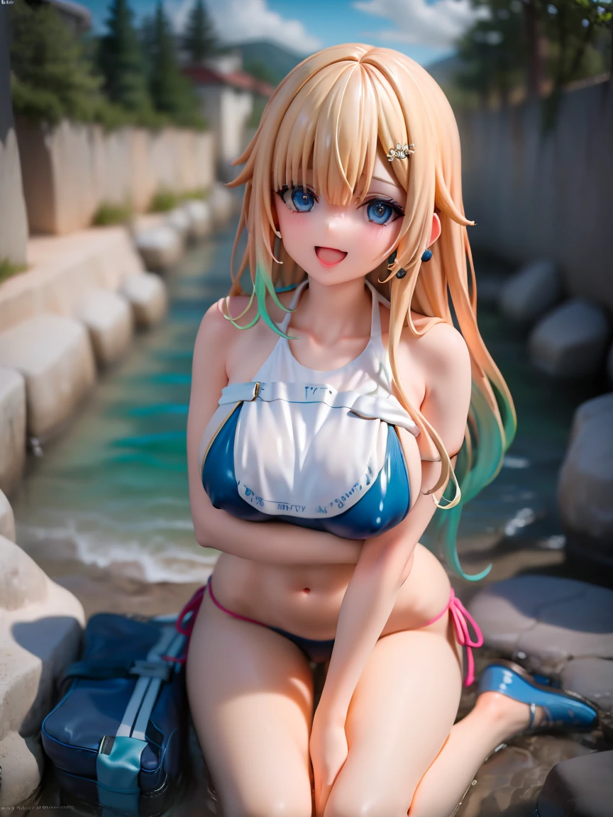 Portrait, official art, best masterpiece, best quality, best resolution, 8K, best detailed, perfect anatomy
BREAK
aizawa ema, blond hair, long hair, gradient hair, hair ornament, bule pareo bikini, navel, (big breasts)
BREAK 
cowboy shot, Portrait, Kneeling, leaning forward, breast hold
BREAK
(happy smile), open mouth
BREAK
wading, outdoor, sunlight, dust, dust, light particles, very detailed 16KCG wallpapers