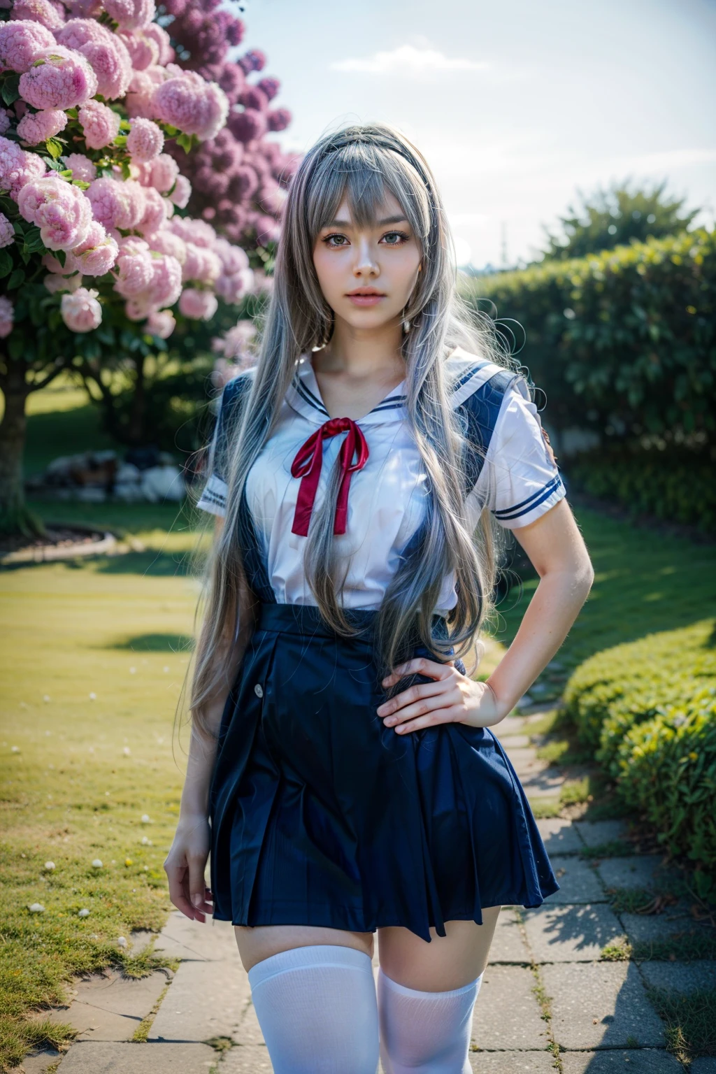 ultra-detailed,highly detailed,best quality,masterpiece,illustration,realistic,photorealistic,
clannad, hikarizaka private high , summer uniform, 
1girl, solo, cosplay, 
serafuku, short sleeves shirt, sailor collar, suspender skirt, thighhighs, neck ribbon, 
bangs, hair ornament, very long hair, grey hair, hairband,
looking at viewer, standing, cowboy shot, 
outdoors, photo background, plant, day, cherry blossoms, falling petals, wind,
((perfect eyes, detailed eyes,realistic eyes)), ((sharp face, detailed face, realistic face, natural skin, realistic skin, detailed skin, pores)), ((perfect body, detailed body, realistic body, big proportions)) 