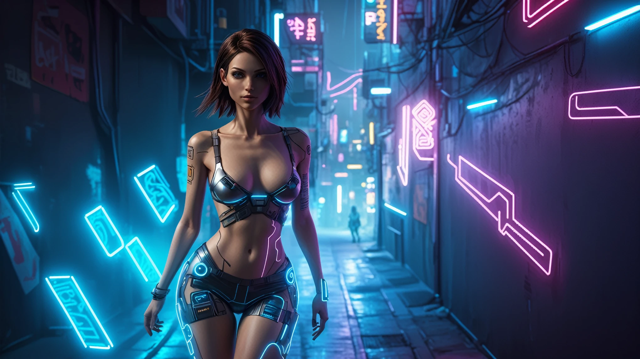 photorealistic thin woman with medium breasts walking towards the viewer, beco cyberpunk, fundo de corte de papel brilhante, mad-cybrpprct1, luzes de neon (Obra de arte:1.2), melhor qualidade, (hiperdetalhado, mais detalhado:1.2), high resolution textures