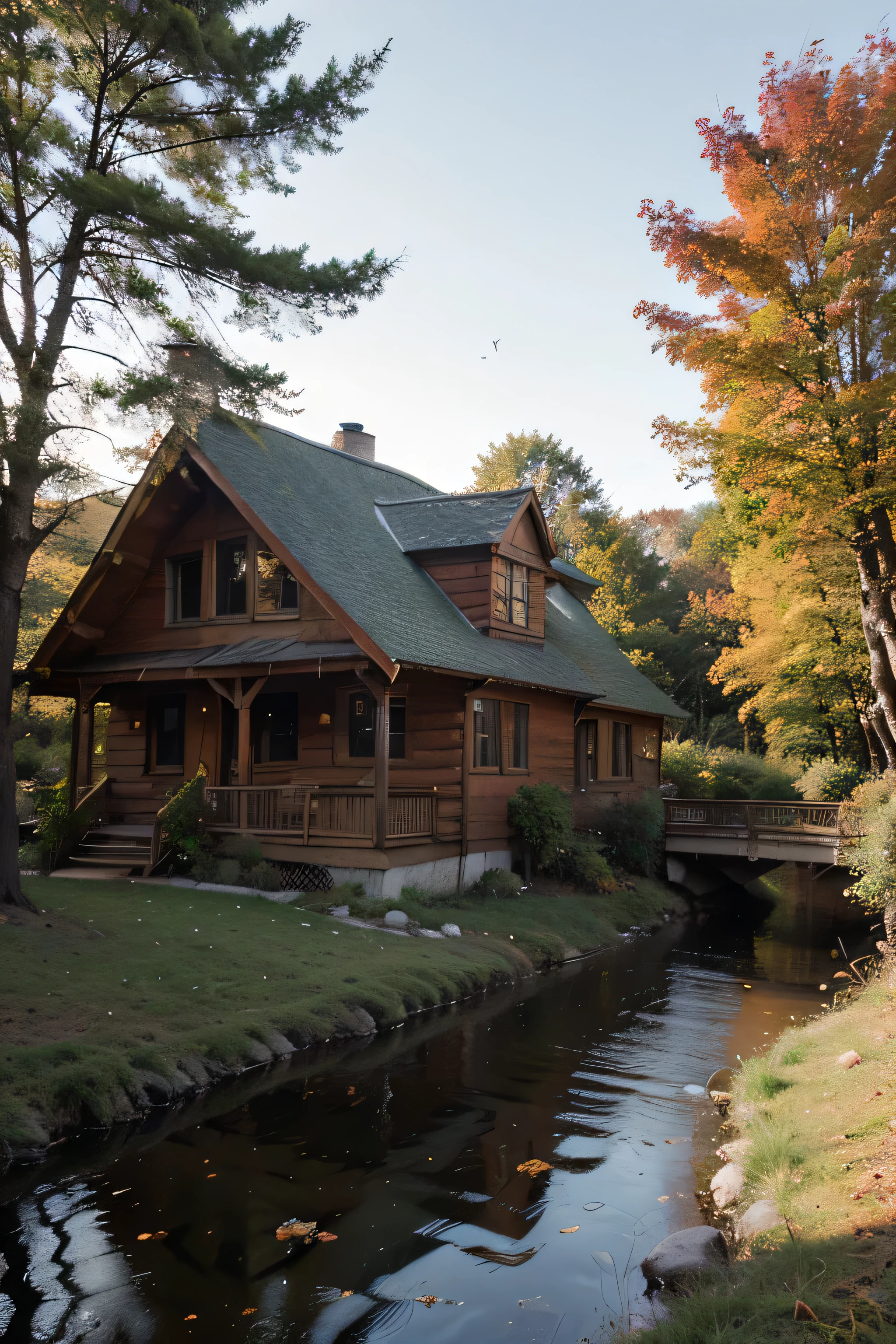 Create a imagem with highest resolution and details about a serene forest scene during autumn, with golden leaves falling gently from the trees. A narrow, winding path covered in leaves leads to a quaint wooden cabin with smoke curling from its chimney. The sun is setting, casting a warm, golden glow over the landscape. In the foreground, a small stream reflects the colors of the sky and the trees. Birds are perched on branches, and a deer is grazing near the cabin. The image should be highly detailed, with rich textures in the leaves, bark of the trees, and the water of the stream. The overall atmosphere is peaceful and enchanting, with a touch of magic.