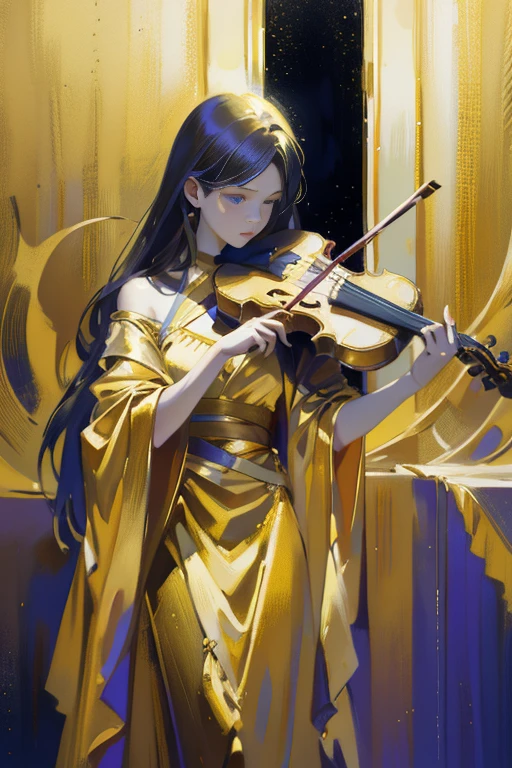 detailed full body portrait，(Painting of a girl with a violin), Pale gold dress Andy Jurgens (mandy jurgens) A realistic painting was created, transformation, Figurative art, Detailed Description, Realistically, Artwork, Contour， View from the side， Colorful Noise, Visual clutter,Modern aesthetics、Viennese style、Nocturne Whispers