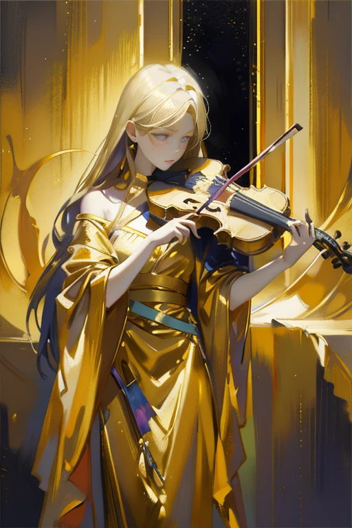 detailed full body portrait,(Painting of a girl with a violin), Pale gold dress Andy Jurgens (mandy jurgens) A realistic painting was created, transformation, Figurative art, Detailed Description, Realistically, Artwork, Contour, View from the side, Colorful Noise, Visual clutter,Modern aesthetics、Viennese style、Nocturne Whispers