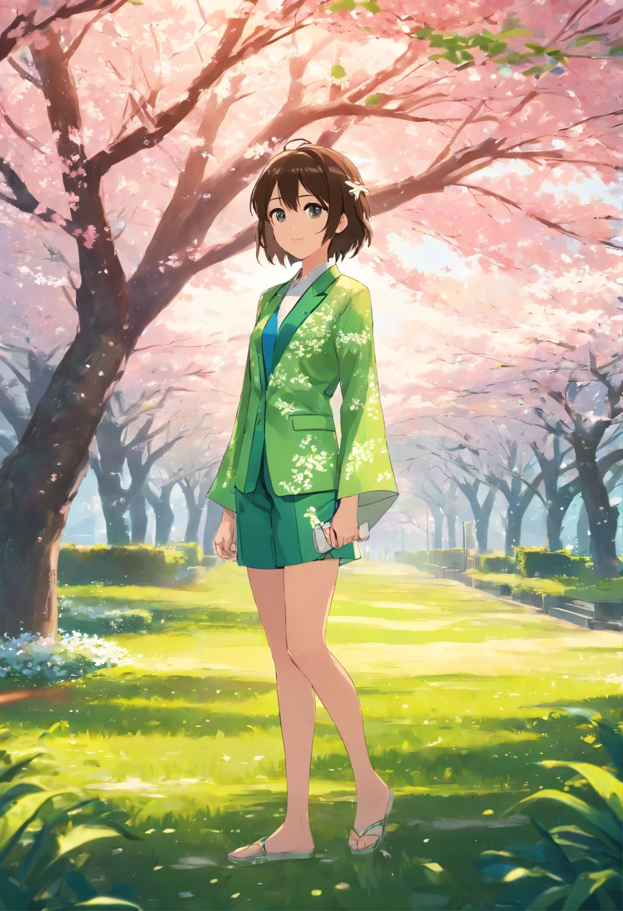 Raw images, Highest quality), (real, photoreal: 1.3), Highest quality, Masterpiece, Very delicate and beautiful, Very detailed, CG, lonliness, 2k wallpaper, amazing, Beautiful in detail, Masterpiece, Slight smile, Highest quality, Very detailed CG Unity 8k wallpaper, Photograph, big , Surrounded by a sakura tree, He wears a tea-green batik suit
