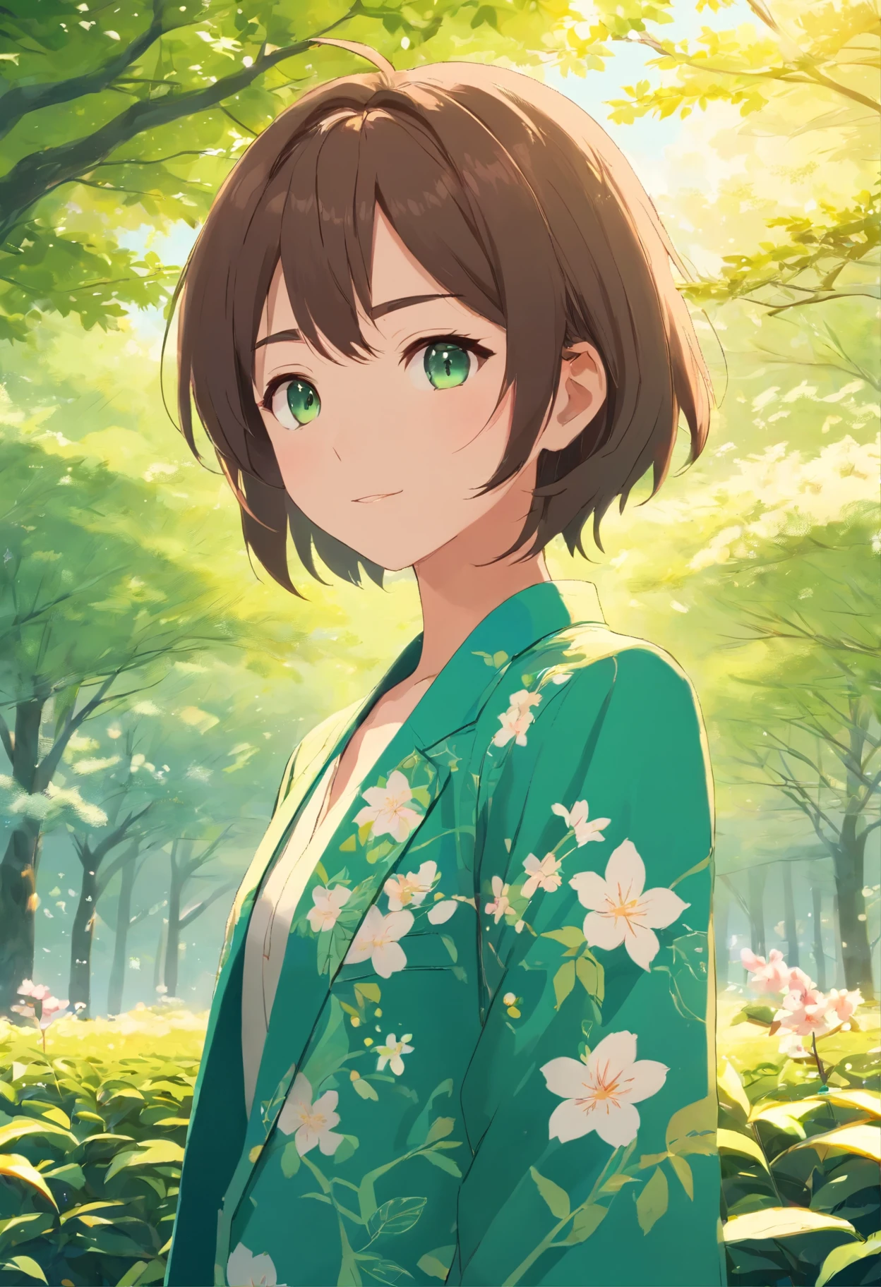 Raw images, Highest quality), (real, photoreal: 1.3), Highest quality, Masterpiece, Very delicate and beautiful, Very detailed, CG, lonliness, 2k wallpaper, amazing, Beautiful in detail, Masterpiece, Slight smile, Highest quality, Very detailed CG Unity 8k wallpaper, Photograph, big , Surrounded by a sakura tree, He wears a tea-green batik suit