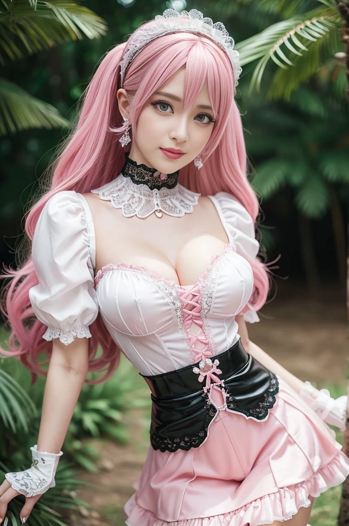 ((nsfw)), sexy stylish Swedish model, only 1 female, ((doll-like appearance)), long neon pink stylish hair, shiny Victorian-Style boots, beautiful smile, ultra detailed eyes, vivid eye makeup, lipgloss, long lashes, defined eyebrows, , ((sexy Paradise Kiss cosplay)), bell-shaped skirt, petticoats, high neckline, puffed sleeves, (( ultra detailed lace)), ((ultra detailed embroidery)), intricate details, Paradise Kiss accessoires and matching headpiece, choker, ((large sparkling Paradise Kiss jewelry)), cinematic light, detailed large park background with trees