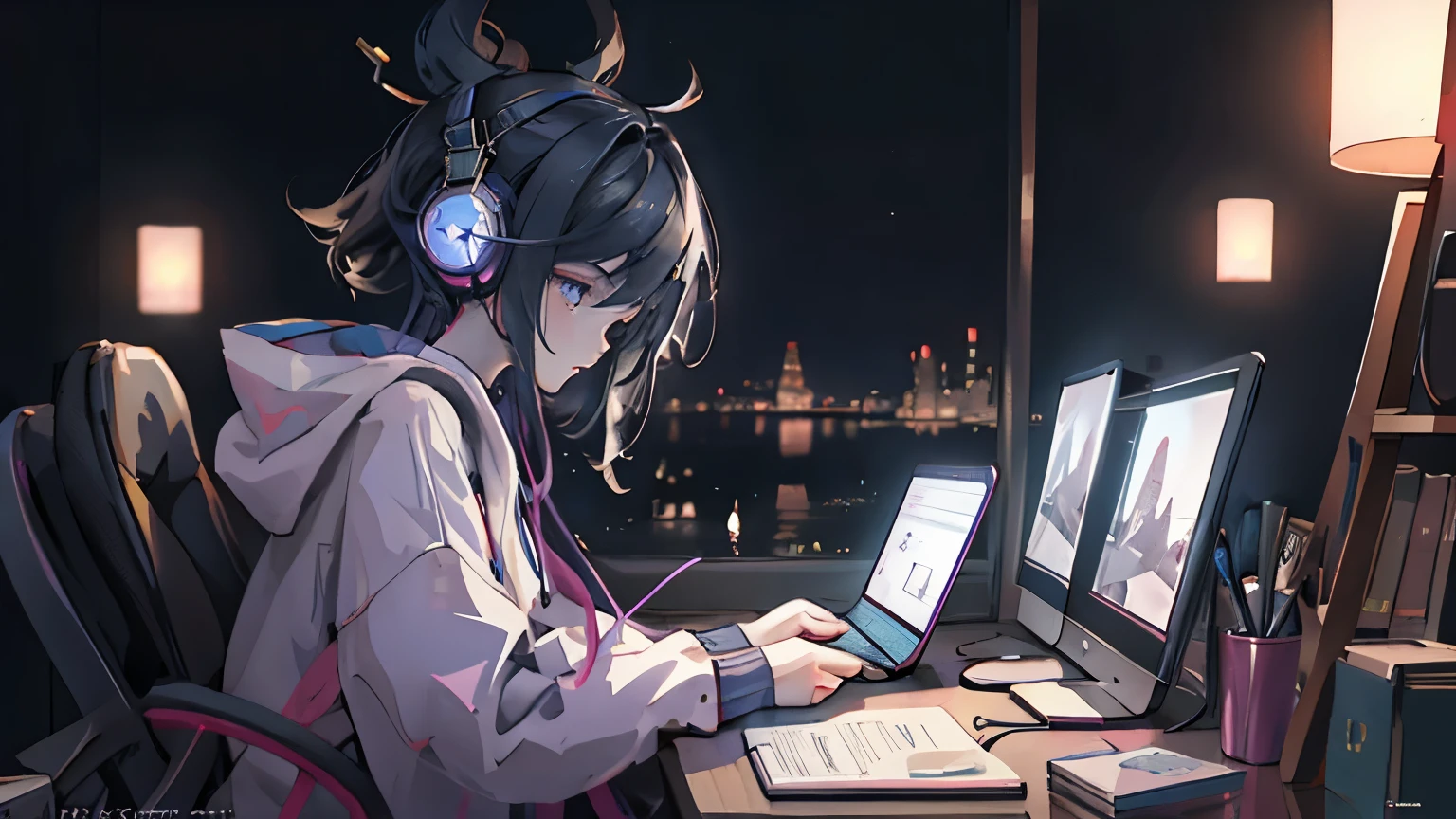 Study,study,headphone,girl,night,concentrated,Landscape