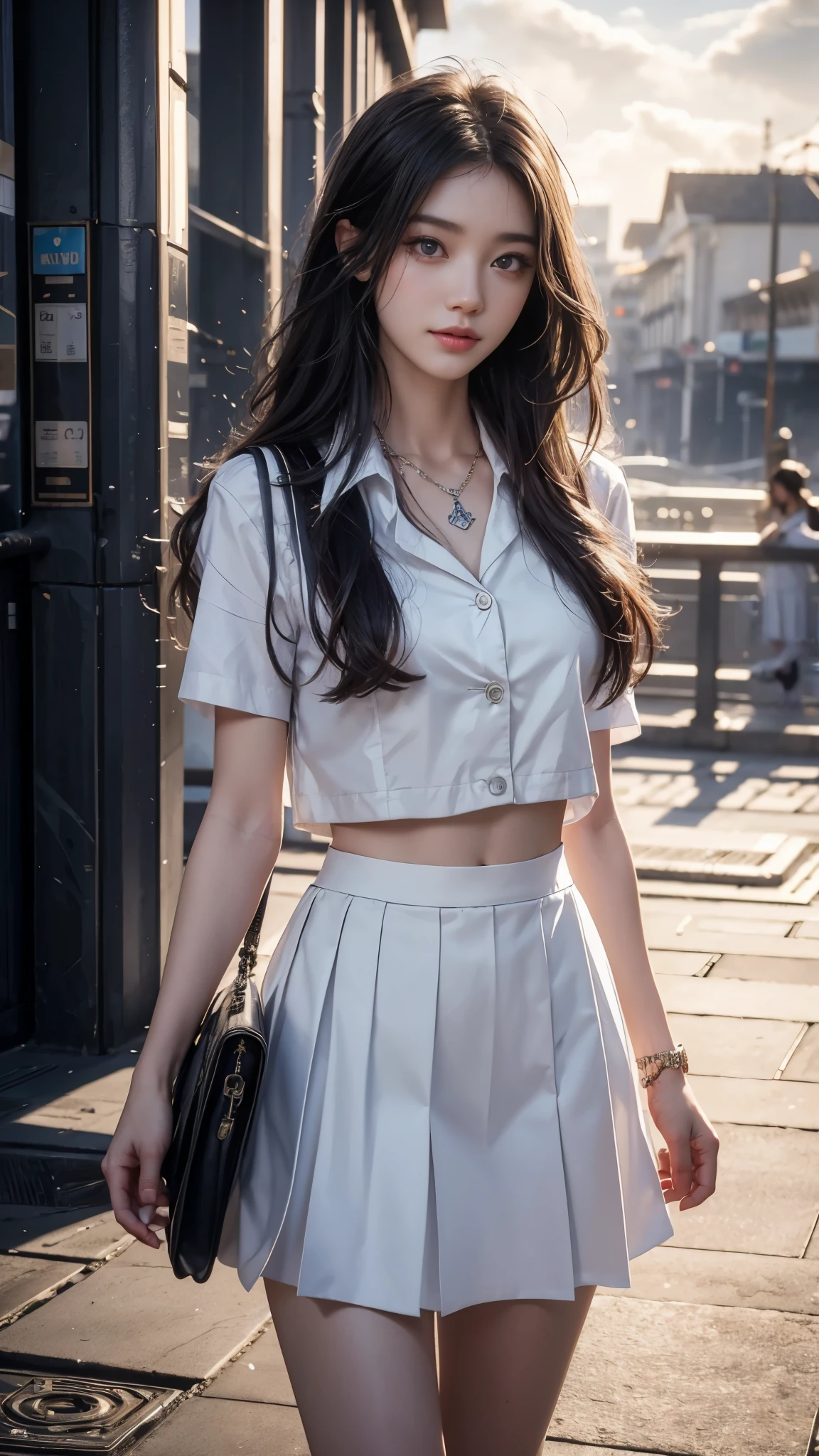 8K, UHD, masterpiece, 1 girl, good face, happy face, detailed eyes, very long hair, necklace, (school uniform), (white skirt), tie, school bag, in the bridge, cloudy weather, realism, depth of field, 3d, unreal engine 5, ray tracing, flowing wind,