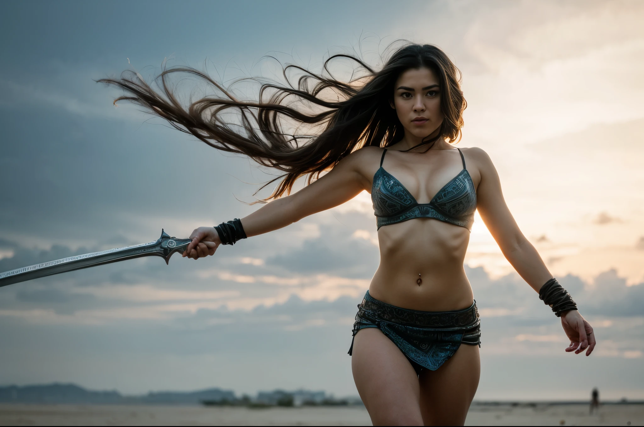 (YES SFW), [wabstyle, realistic hands, high details], beauty plump Warrior woman with brown hair in white leather boots, sword, ((proportional body))，Refined looks，Fairy air fluttering，The gauze skirt flew up，Take photos on the beach，ultra-realistic realism，color field printing，high detal，hyper HD，anatomy correct，cinematic lighting 4d quality. Perfect simmetrical face. The perspective is from below, emphasizing the sheer majesty and power of the woman. ((The perspective is from below, emphasizing the sheer majesty and power of the woman))