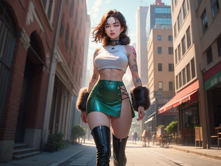 ((best quality)), ((masterpiece)), (detailed), Perfect face,, 完美Body，Perfect body，Wide angle composition，
girl,  , fluffy fur on Body, , Tight crop top, Split, , huge metal bracelet, Huge metal collar, High-leg over-the-knee boots, light green pole_detailed_(Lacy, fur, silk, satin)_(clothing, skirt), detailed face, detailed beautiful shiny eyes, slit pupil, Metal Reflection, future city square, (tattooed, marked)_fit_muscular_Body, (((1 名girl))), portrait, (full Body), natural breast, Medium Length Hair, masterpiece, best quality, Pretty and beautiful:1.2, Fractal Art:1.4, 16K, High Dynamic Range, Renesas Electronics, Ray tracing, Radiosity, Anisotropic filtering, Subsurface scattering