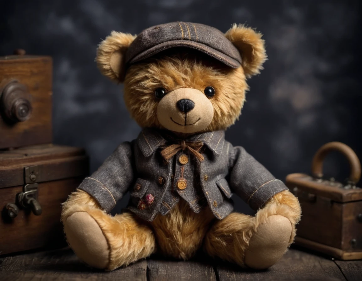 mixed media toy, teddy bear, authentic, rustic clothes, like Teddy design, like professional photography for a catalog, beautiful, aesthetically pleasing, on a uniform dark background, lumen