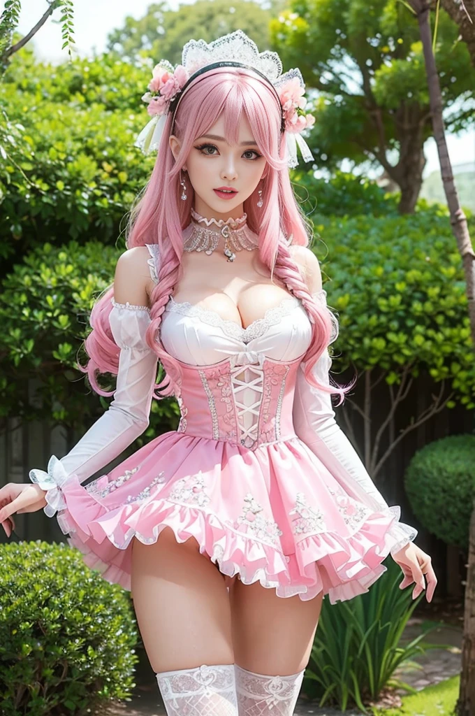 ((nsfw)), sexy stylish Swedish model, only 1 female, ((doll-like appearance)), long neon pink stylish hair, shiny Victorian-Style boots, beautiful smile, ultra detailed eyes, vivid eye makeup, lipgloss, long lashes, defined eyebrows, , ((sexy Paradise Kiss cosplay)), bell-shaped skirt, petticoats, high neckline, puffed sleeves, (( ultra detailed lace)), ((ultra detailed embroidery)), intricate details, Paradise Kiss accessoires and matching headpiece, choker, ((large sparkling Paradise Kiss jewelry)), cinematic light, detailed large park background with trees