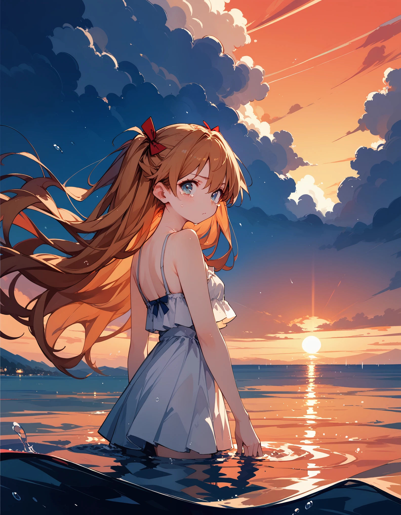 (score_9,score_8_up,score_7_up), 1girl,solo, souryuu asuka langley, from behind,looking back, tears,wading in the sea,sunset,backlighting, silhouette,