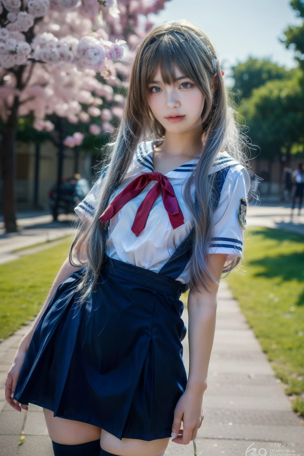 ultra-detailed,highly detailed,best quality,masterpiece,illustration,realistic,photorealistic,
clannad, hikarizaka private high , summer uniform, 
1girl, solo, cosplay, 
serafuku, short sleeves shirt, sailor collar, suspender skirt, thighhighs, neck ribbon, 
bangs, hair ornament, very long hair, grey hair, hairband,
looking at viewer, standing, cowboy shot, 
outdoors, photo background, plant, day, cherry blossoms, falling petals, wind,
((perfect eyes, detailed eyes,realistic eyes)), ((sharp face, detailed face, realistic face, natural skin, realistic skin, detailed skin, pores)), ((perfect body, detailed body, realistic body, big proportions)) 