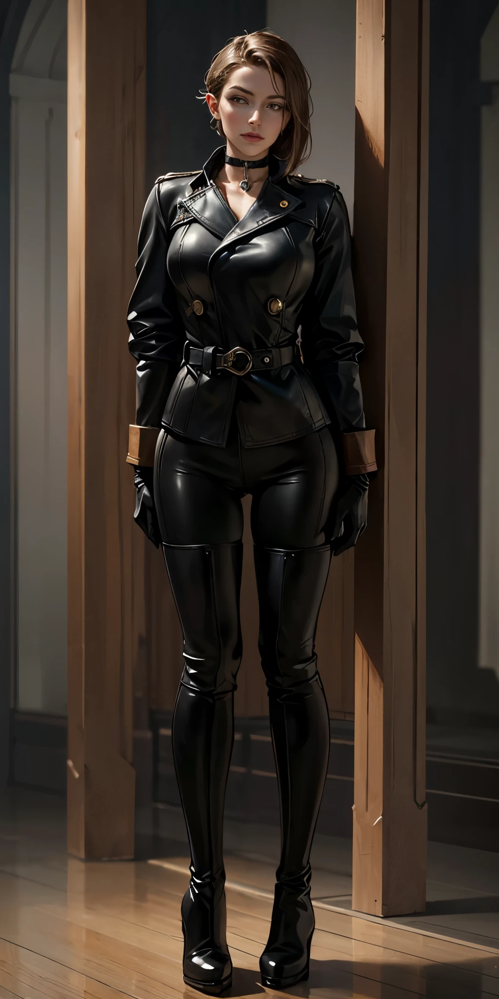 (masterpiece, best quality), intricate details, 1girl, Cammy White from Street Fighter (standing full body toe to head by wooden pole:1.2) iron collar, arms behind back, iron cuffs, shackles, bound, bondage outfit, harness, o-ring, bondage outfit blindfolded cover eyes, happy red cheeks, chain leash collar choker neck bell shackles wristbands bracers bracelets, cleave gag, (highest resolution, distinct_image) best quality, a woman, solo, masterpiece, highly detailed, semi realistic, brown hair, bangs, 23 years old, (large breasts:0.5),mature, young, tall strong,(plain and simple uniform),( plain minimalist military uniform),(luxury hotel room background:1.2), cold, serious, tall, handsome, autocratic, powerful, demi-god, exquisite facial features, exquisite facial features, (full body)(black knee-high boots:1.4)(dominatrix:1)(white Yoga pants:1.3),(black leather gloves:1.5)(black coat:1.3),(samus),solo,1girl,(looking at viewer),(from below:1.1)(head turned upwards:0.3)(smiling:0.4)(bodysuit:0.1)(holding riding crop:1.2)(muscular:0.85),(black belt:1.3), (shirt tucked in pants),(standing on ground), (marble floor)(mean:0.4)(seductive:0.5)(evil:0.6),detailed,(tall face:0.25)(abs:0.4)(bdsm Equipment), (Pale eyes),(throne),Zelda,queen, military,uniform, confident,smirk,evil, yandere,stairing,obsessive,obsessed,pretty eyes,mature, (war glam),adult,milf