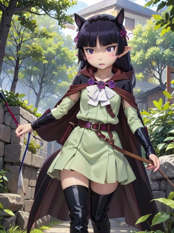 ((ruri gokou)), One girl, blush, Black Hair, Mole, Mole under eye, Hime cut, (Elf), (dark elf), (Long ears), wood々In harmony with, (Fairy), magic, Robe, Archer, Forest People, longbows, magic, wood々Spirits of, elven robe, hood, brown cloak, green tunic, gloves, belt,  thigh boots, Lush forest, magicの森,