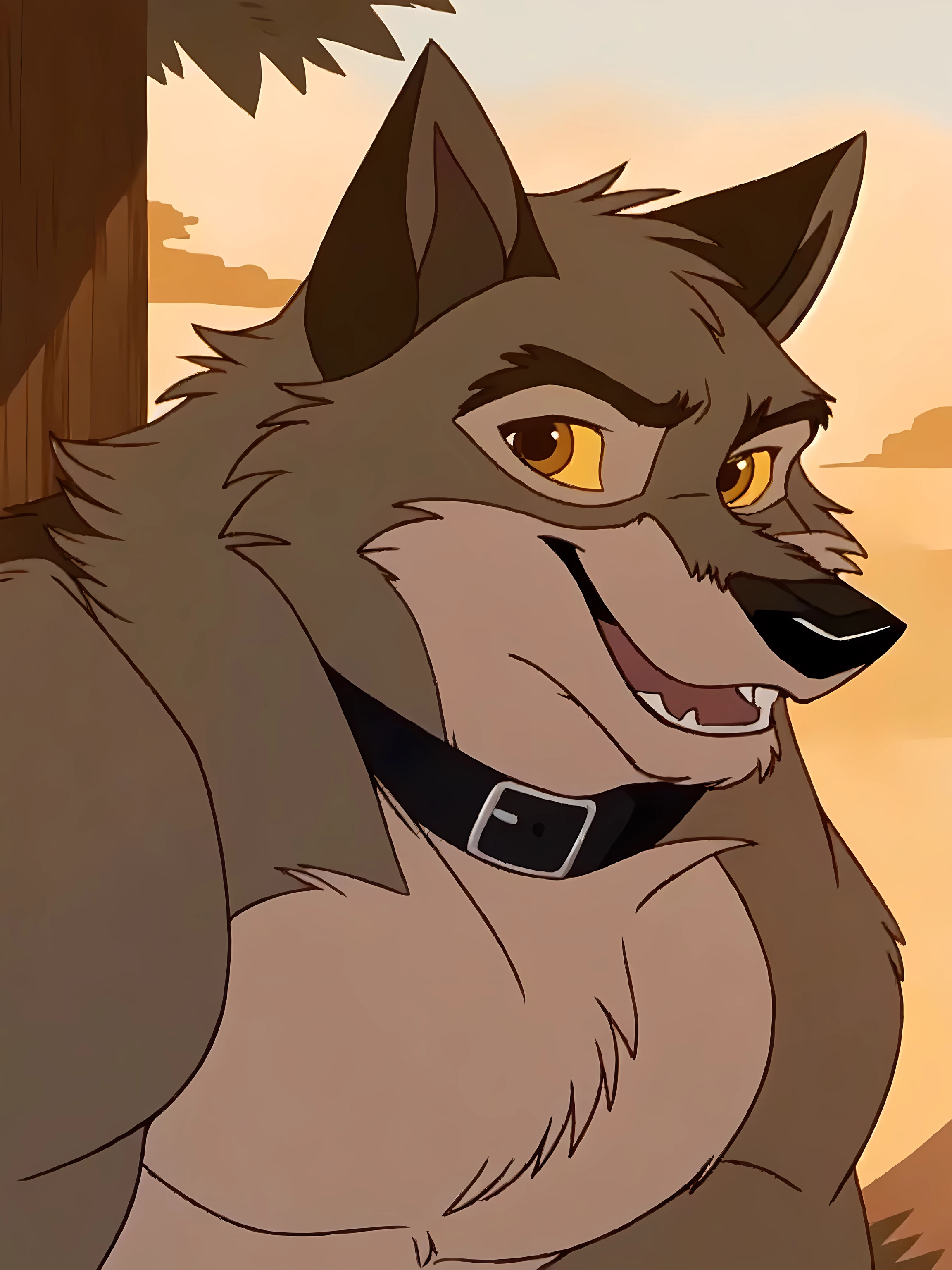 balto, full body, feral, detailed, detailed face, detailed eyes, quadruped, very muscular:1.0, pectorals:1.0, strong chest, biceps, wfa anatomy, black lineart, black outline, male, masculine, adult, wolf, wolf body, wolf tail, brown iris, yellow sclera, cartoon shading, cel shaded:1.0, black collar, strong body, confident, proud, speaking mouth