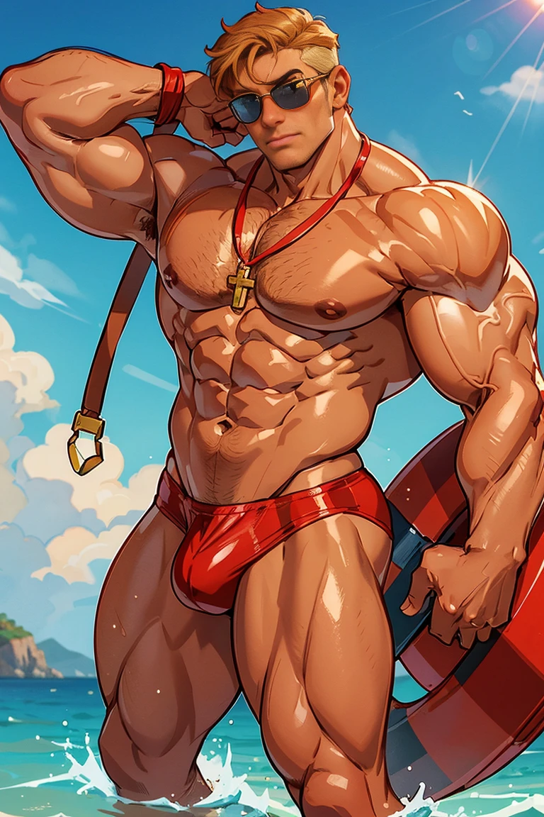Lifeguard, tanned man, handsome masculine face, brown eyes, short blond hair, muscular body, huge chest, huge biceps, thick thighs, oily and shiny skin. He is wearing a small red thong with a white cross, sunglasses, a whistle hanging from his neck and a lifeguard board.