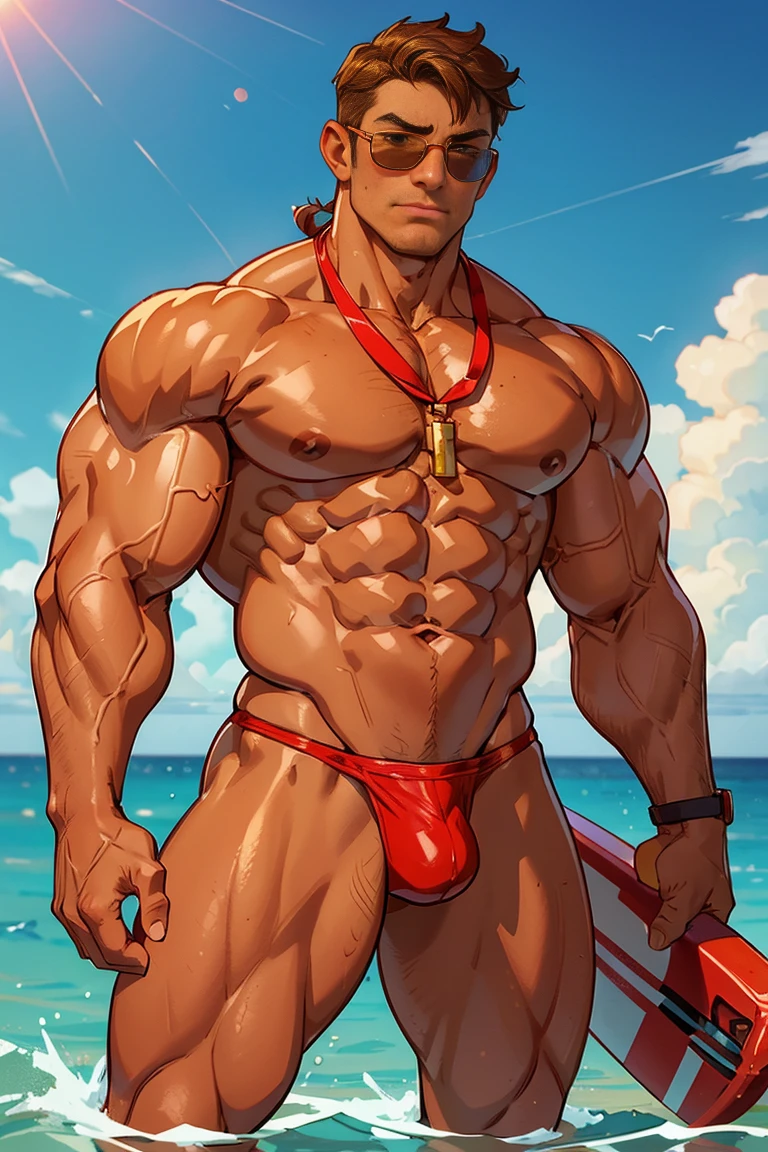 Lifeguard, tanned man, handsome masculine face, brown eyes, short blond hair, muscular body, huge chest, huge biceps, thick thighs, oily and shiny skin. He is wearing a small red thong with a white cross, sunglasses, a whistle hanging from his neck and a lifeguard board.