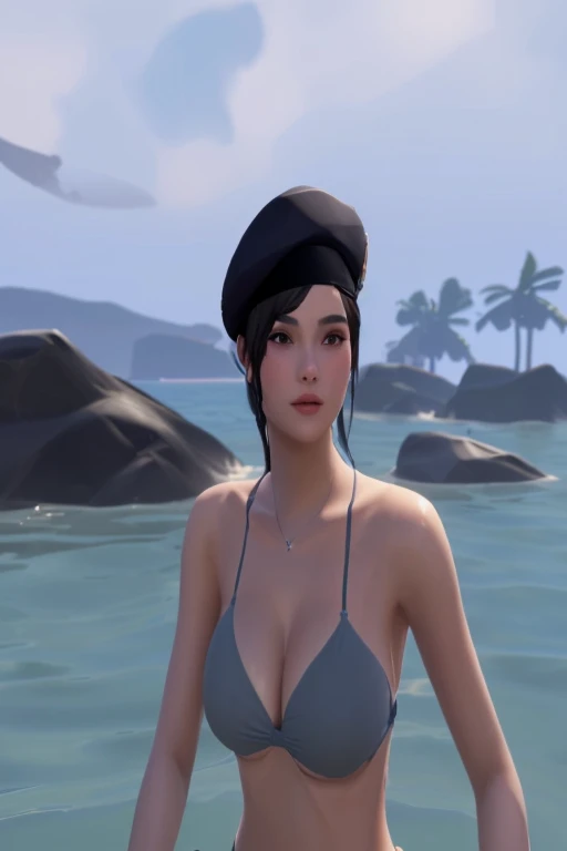 a close up of a person in a bikini and hat in a body of water, tanny skin, upper body avatar, realistic bikini, black beret, wearing a french beret, halfbody headshot, second life avatar, wearing a beret, ethereal vaporous tan skin, sea of thieves style, headshot profile picture