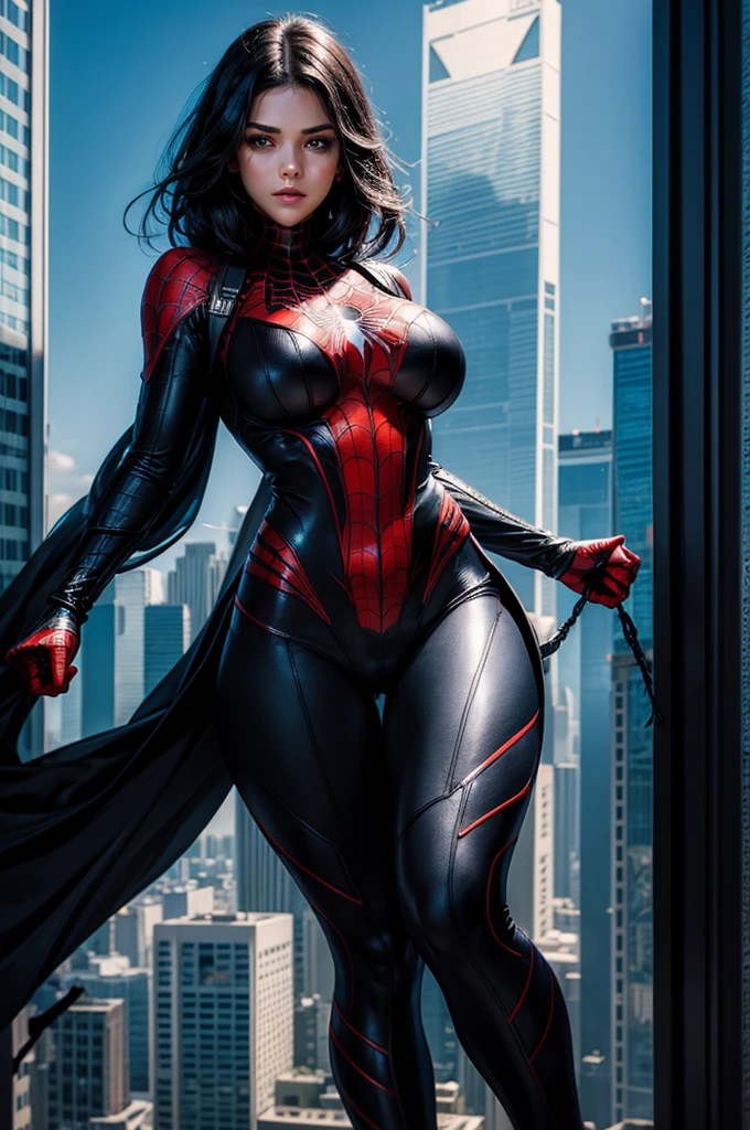 Perfect face, cute girl, big breasts, black hair, black Spiderman costume, full body, top of a skyscraper