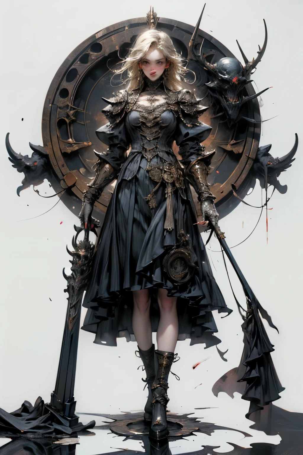 ((best quality)), ((masterpiece)), (detailed), perfect face ((best quality)), ((masterpiece)), (detailed), blank white background, plain background, white background, Bloodborne inspired, occult aesthetic, occult, detailed and intricate steampunk and detailed gothic, NSFW, Very dramatic and cinematic lighting, cosmic horror, grim-dark, side-lighting, perfect face, a beaituful goddess adorned and enshrined in armour, Bloodborne inspired , occult aesthetic, occult, detailed and intricate steampunk and detailed gothic, wielding a sword and holding a shield, NSFW, Fluttering lace flared long knee length dress with frilly petticoats, knee length dress, pleated petticoats, lolita dress, petticoats gothic lolita, side-lighting, gothic lolita aesthetic, beautiful small breasts, small breasts, full body, whole body, body, plain background, white background, blank background, no background, white background NSFW, full body, whole body, head-to-toe
