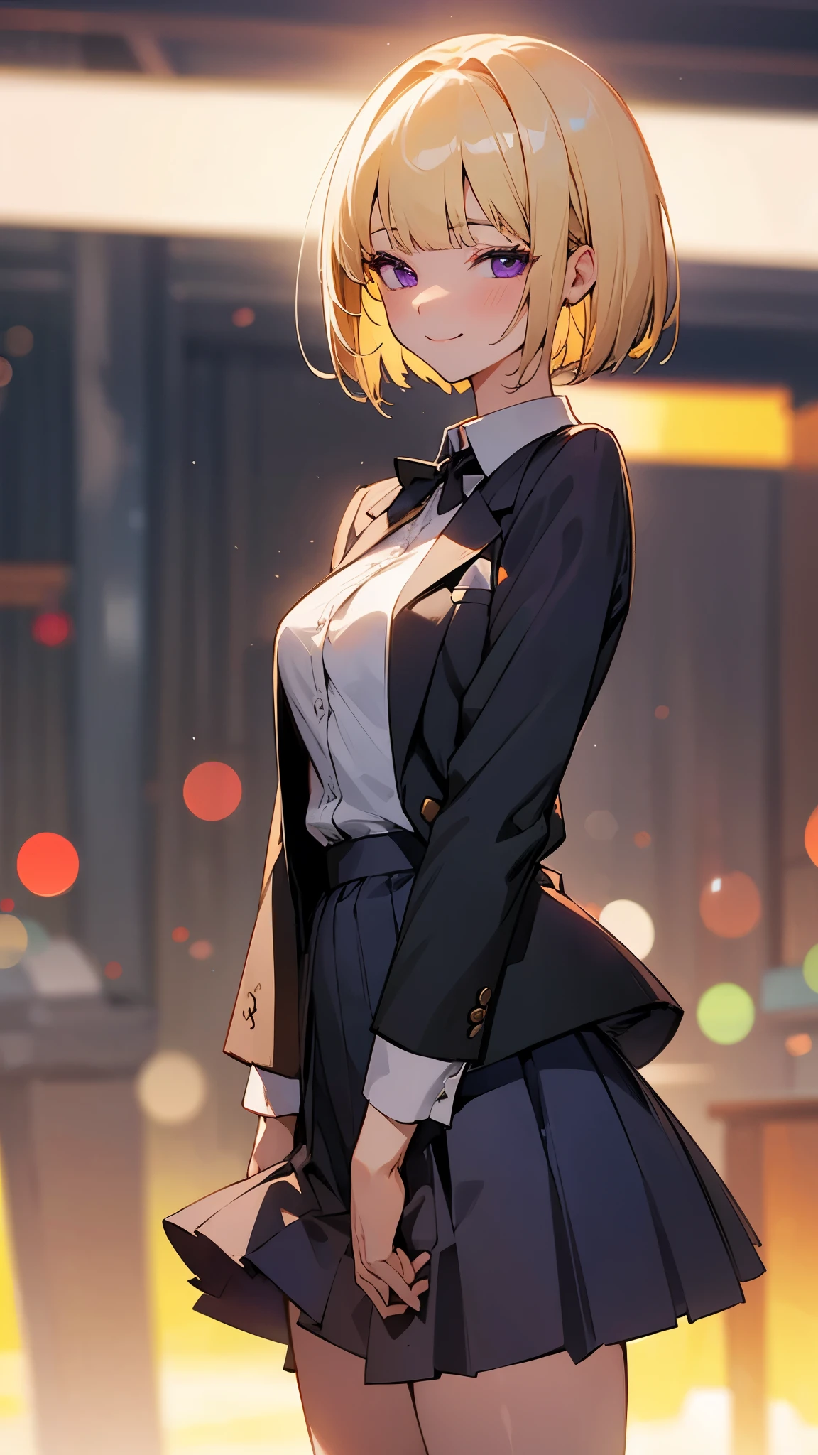 1 Girl、8k、Sharp focus、(Bokeh) (highest quality) (Detailed skin:1.3) (Intricate details) (anime)、(blonde)、short hair、Bobcut、Blunt bangs、Beautiful purple eyes、Slender body、From the side、White shirt、Black mini skirt、Black Fitted Blazer、Calm face、Mouth closed、Cheeky Smile、Squint your eyes、Park in the background、sunset、Soft lighting.