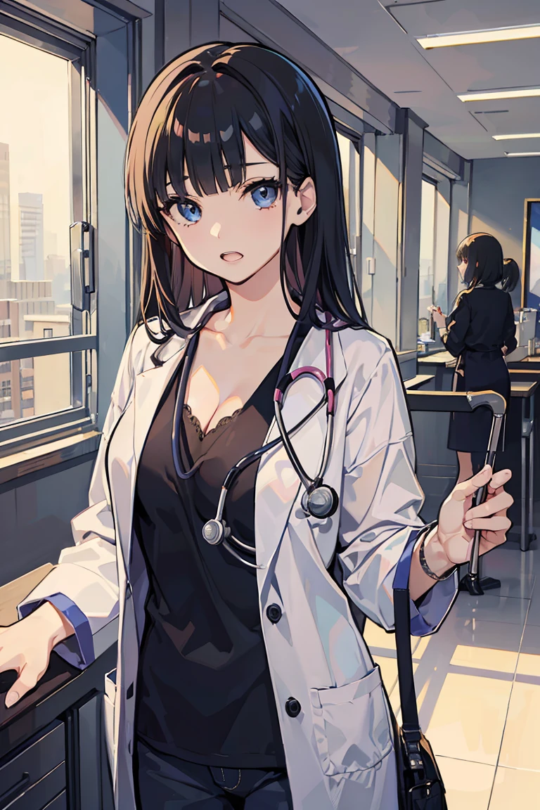 (One girl), (During examination), Stethoscope, (super high quality),Cowboy Shot, ((Female doctor)), masterpiece, (Black Hair), E Cup 1.3, White, Cleavage, Casual Scene, Relaxed atmosphere, Hospital atmosphere, Perfect body, teeth, Fresh, (Asymmetrical bangs:1.3),Long Hair , (Highly detailed face and eyes), Sharp eyes, Digital Art, beautiful, Cinema Lighting, by Yusuke Murata.tonality, Romanticism, modern art, Impressionism, reflected light, 8k, masterpiece, Advanced Details, highest quality