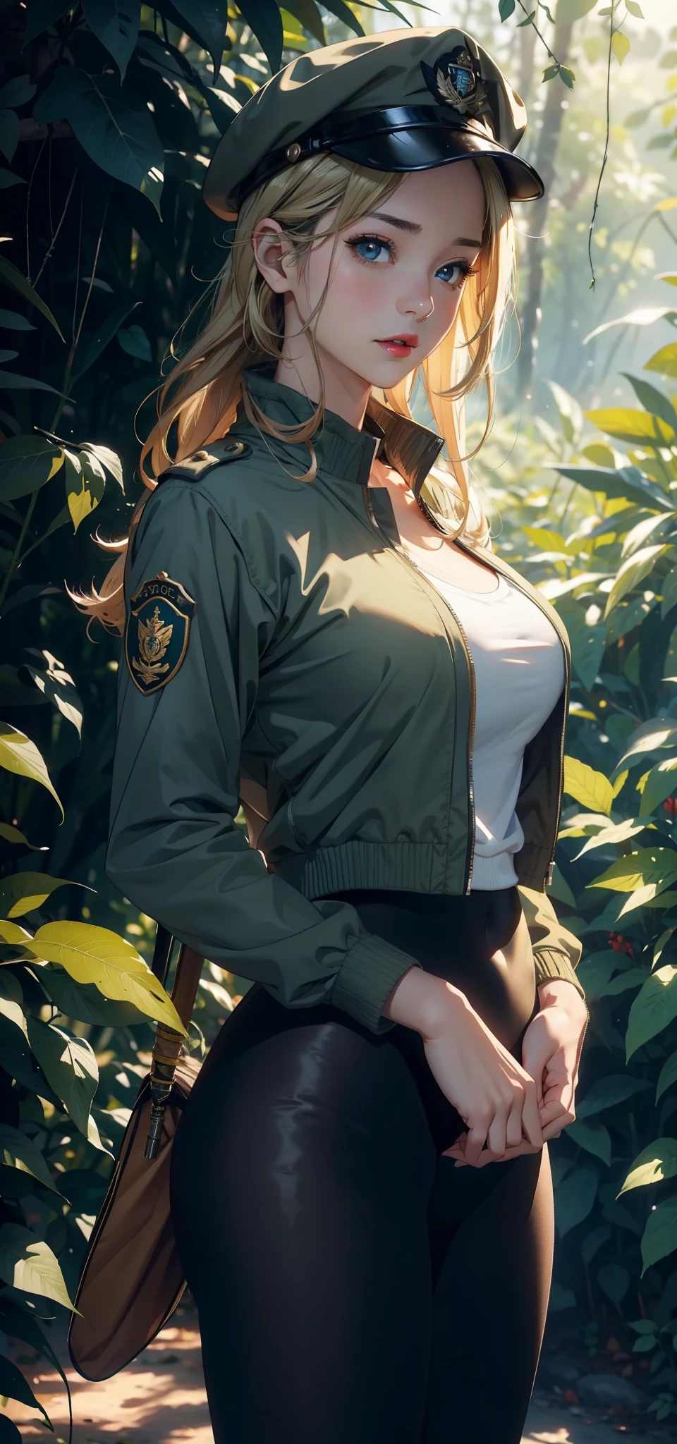 1 female,45 years old,,Royal sister,Slightly fat,Large Breasts(background:In the woods,Rainforest,in a spring,) She has short blonde hair,Wheat skin,Straight Hair,red lips,Standing,Front view, gloomy sky,(((masterpiece),(Nity 8k wallpaper with rich CG details),Highest quality,Light,详细background,beautiful eyes,(Very delicate and beautiful),(Beautiful and detailed description of the eyes),在ltra Detailed,masterpiece,)),face camera,high resolution,在ltra Detailed),nude,Exposing genitals, Convex,Camel toe,性感Convex出,officer(wear:,Green baseball jacket,Black military cap,Tights)