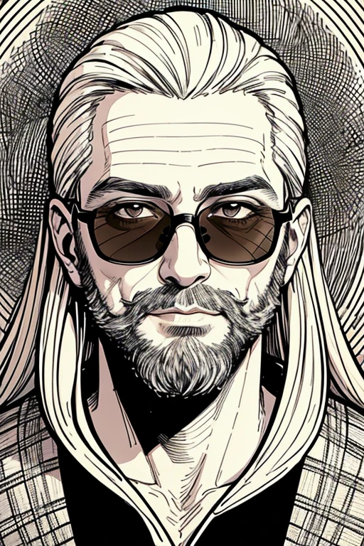 A man with a beard and dark glasses, solid lines, a picture of lines, like a drawing, drawing art, interlacing lines, filigree, a complex ornament of lines, aesthetically pleasing, beautiful, beige and white ((best quality)), ((masterpiece)), (detailed), perfect face