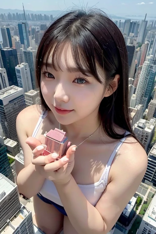 a korean woman panty look, whose height is 10000000 kilometers, at the nano-sized miniature endless city of micro-sized endless continent world, she kneel down on top of a lot of nano-sized buildings which are much smaller than her, she feel happy and enjoy