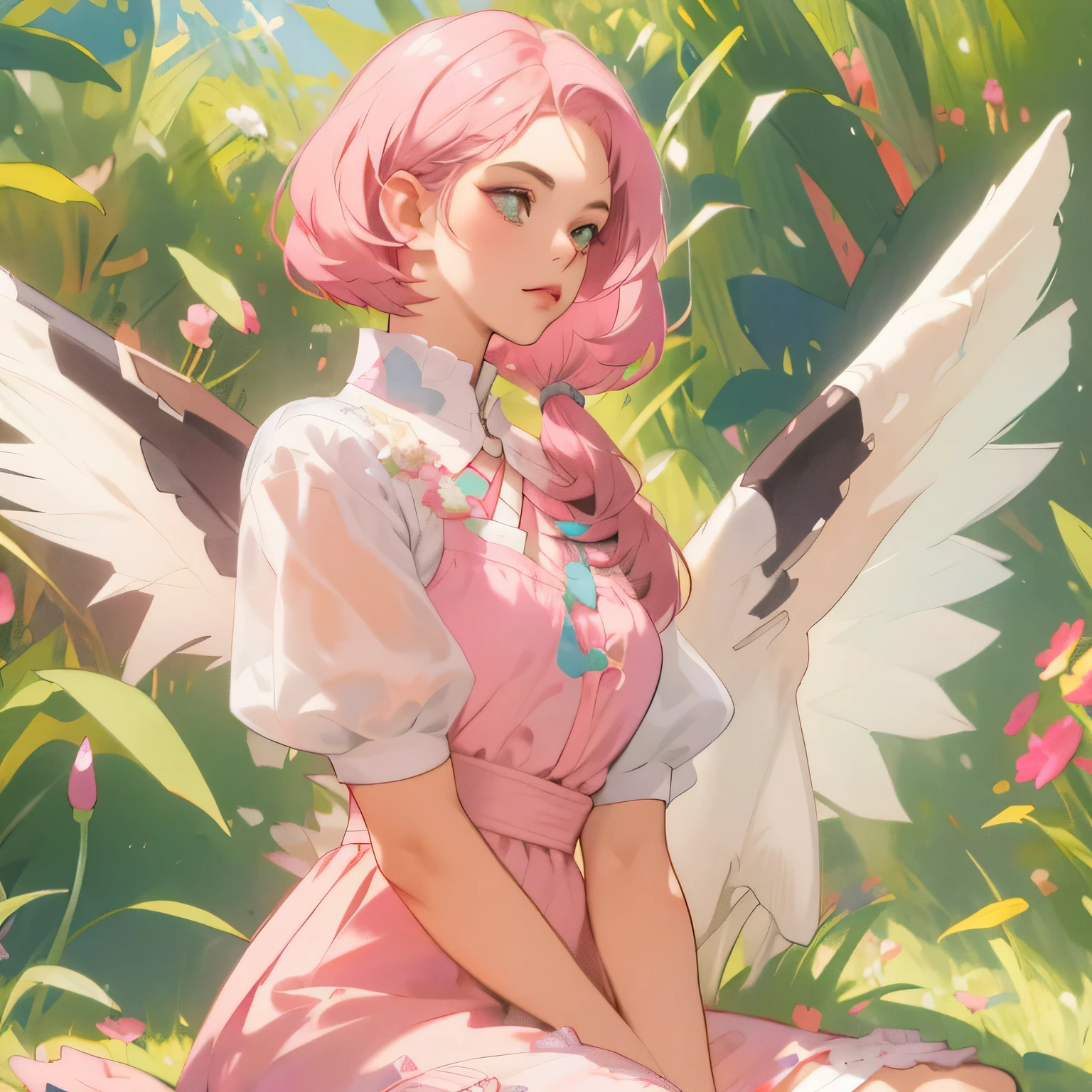 Alisa bosconovitch, melhor qualidade, contemporary, estilo plano, minimalismo, Ilustra??o plana de olhos verdes, cabelo rosa, cabelo curto, cabelos multicoloridos, Camisa Preta, mechanical wings, Close-U head portrait, peito pontudo, decote, super decote, medium breasts, tekken，cabelo rosa pastel, 1 garota, em quimono, hand painted，Desenho de linha sem cor, colorida do yandere pastel, tekken, [Detailed illustrations, Arte baseada em anatomia extremamente ideal, desenhos muito detalhados e detalhados, delicate lines with slowness and urgency, realistic texture expression],(((Linhas principais coloridas)),(Obras de arte com excelente artesanato),(fundo do parque),[HENTAI anime japonesa bonita  de idade Skinny] cabelo rosa claro, com roupa de empregada，Figura esbelta，robusto，He sat on the floor，Vestido com roupas de empregada rosa e branco，cabelos muito curtos，com orelhas de gato，quadratic element，, kawaii cor-de-rosa na roupa da era de 1910, Alisa Bosconovich&#39;s pink lips, no estilo da paleta de cores suave aurorapunk, an anime illustration of your face, gifs animados, hand drawn animation, charming sketches, suave e brilhante, romantismo nebuloso, estouros de estilo, fundo branco - ar 1:1 - niji 5 - estilo expressivo --s 50
